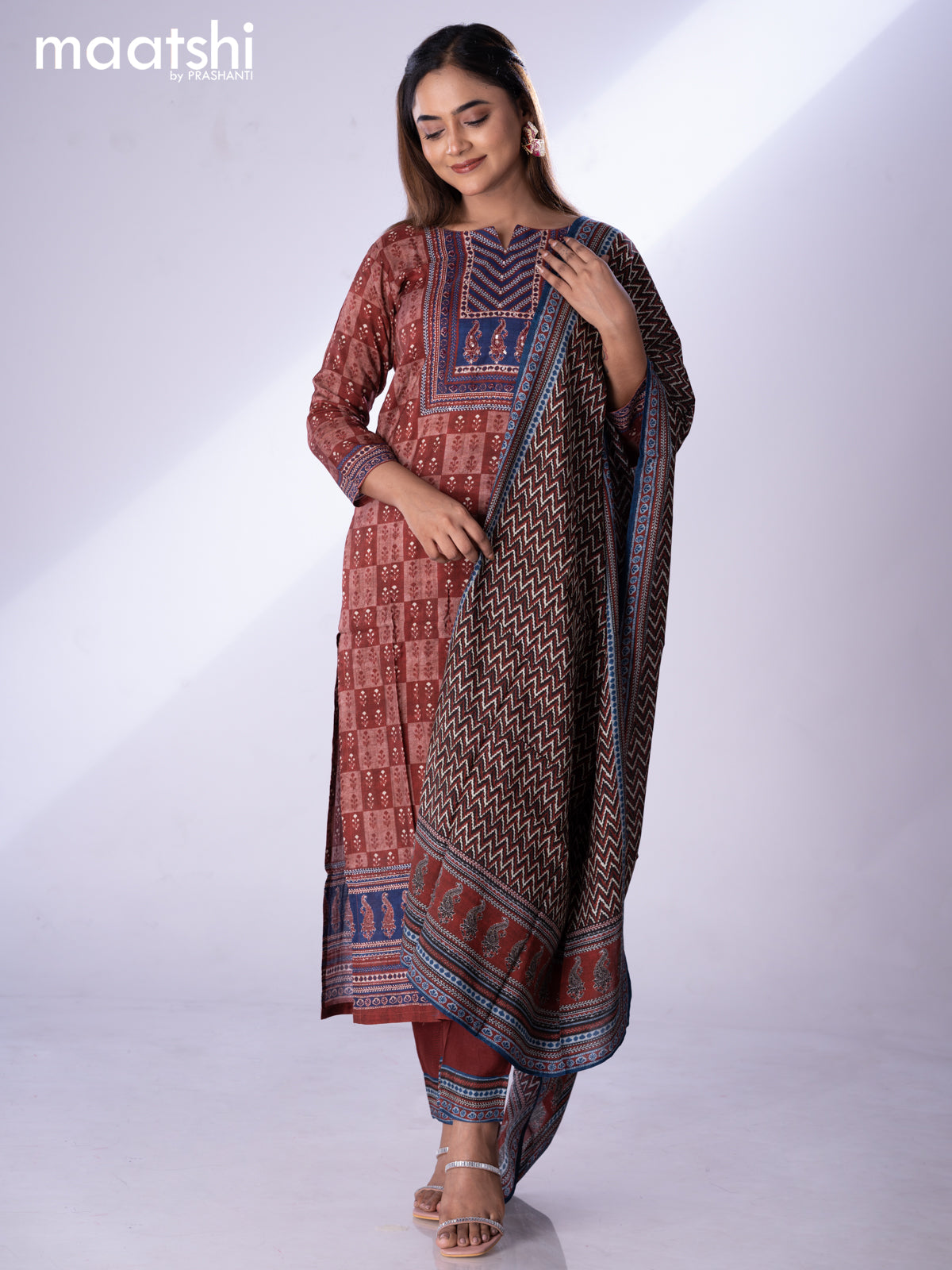 Muslin readymade salwar suit maroon and blue with allover butta prints & sequin beaded work neck pattern and straight cut pant & dupatta