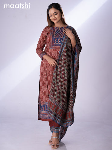 Muslin readymade salwar suit maroon and blue with allover butta prints & sequin beaded work neck pattern and straight cut pant & dupatta