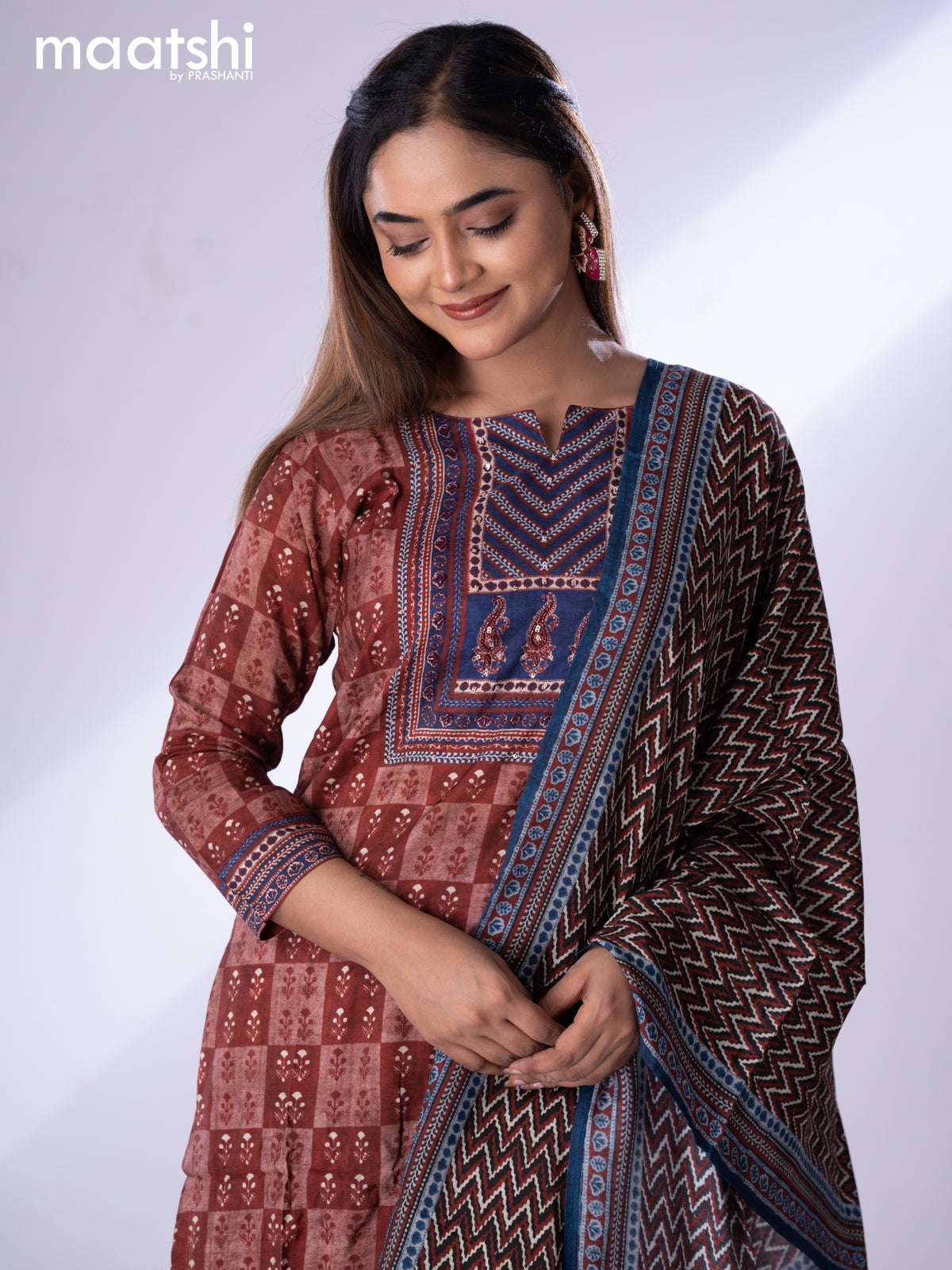 Muslin readymade salwar suit maroon and blue with allover butta prints & sequin beaded work neck pattern and straight cut pant & dupatta
