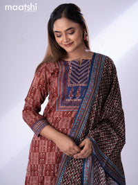 Muslin readymade salwar suit maroon and blue with allover butta prints & sequin beaded work neck pattern and straight cut pant & dupatta