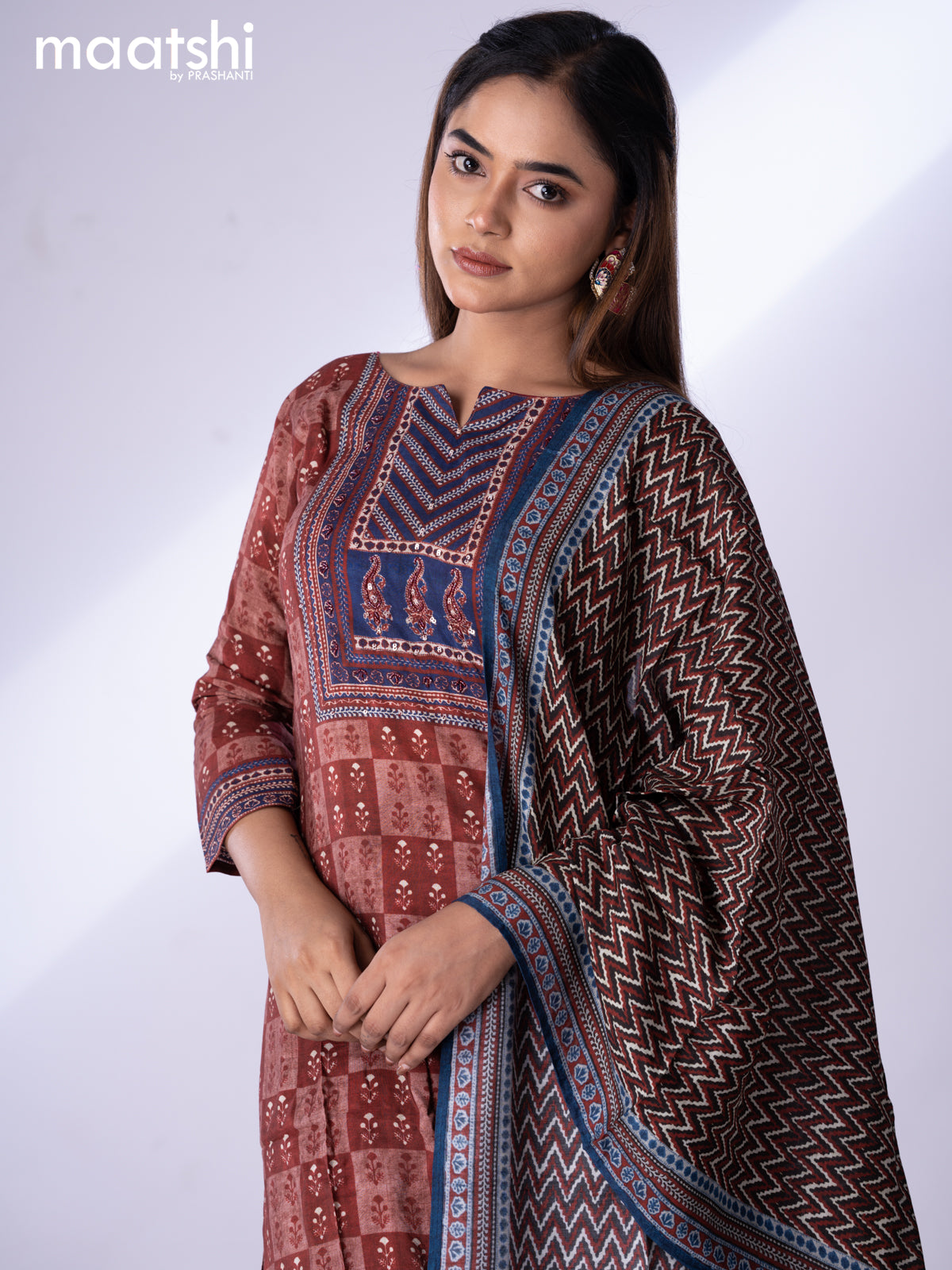 Muslin readymade salwar suit maroon and blue with allover butta prints & sequin beaded work neck pattern and straight cut pant & dupatta