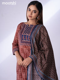 Muslin readymade salwar suit maroon and blue with allover butta prints & sequin beaded work neck pattern and straight cut pant & dupatta