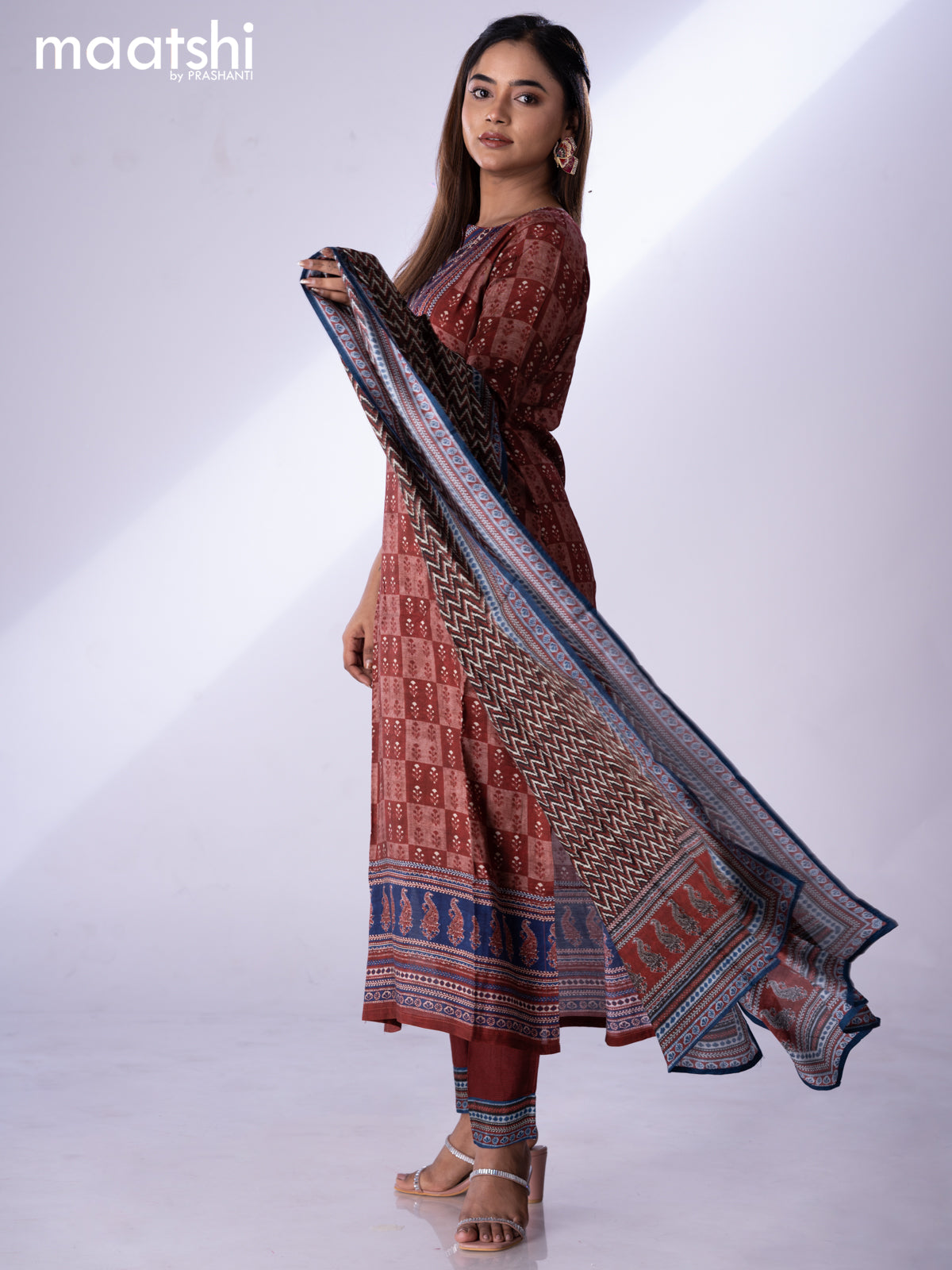 Muslin readymade salwar suit maroon and blue with allover butta prints & sequin beaded work neck pattern and straight cut pant & dupatta