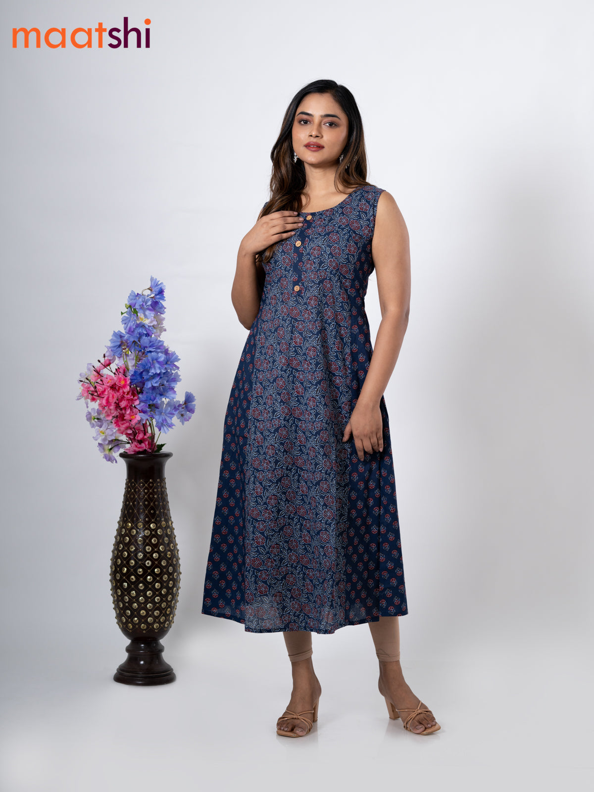 Cotton anarkali kurti dark blue with allover floral prints & simple patch work neck pattern without pant - sleeve attached