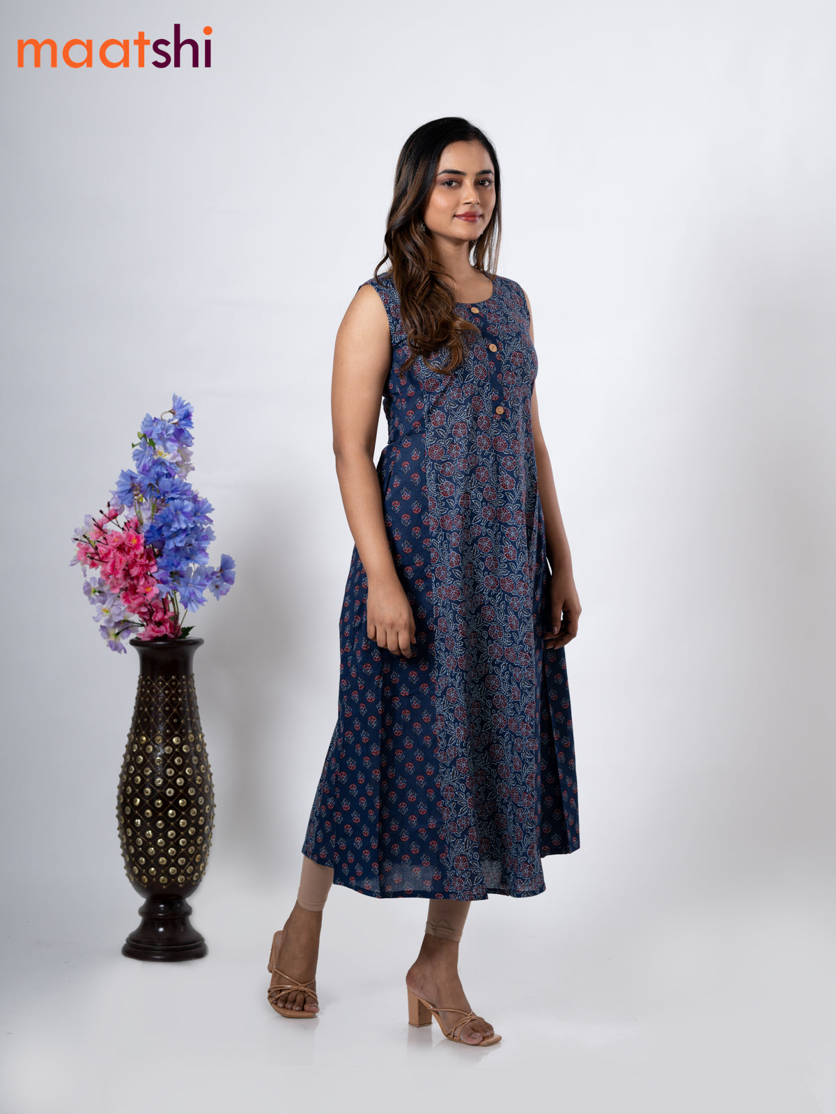 Cotton anarkali kurti dark blue with allover floral prints & simple patch work neck pattern without pant - sleeve attached
