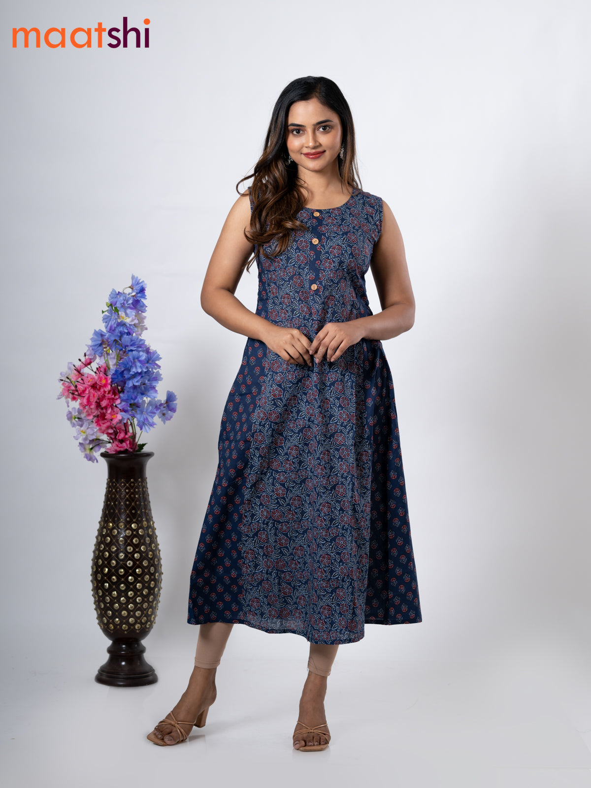 Cotton anarkali kurti dark blue with allover floral prints & simple patch work neck pattern without pant - sleeve attached