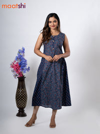 Cotton anarkali kurti dark blue with allover floral prints & simple patch work neck pattern without pant - sleeve attached