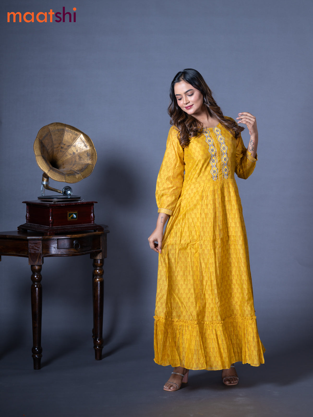 Raw silk readymade floor length kurti mustard yellow with allover prints & embroidery work neck pattern without pant