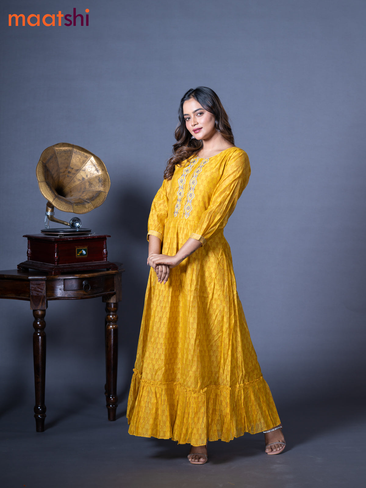 Raw silk readymade floor length kurti mustard yellow with allover prints & embroidery work neck pattern without pant