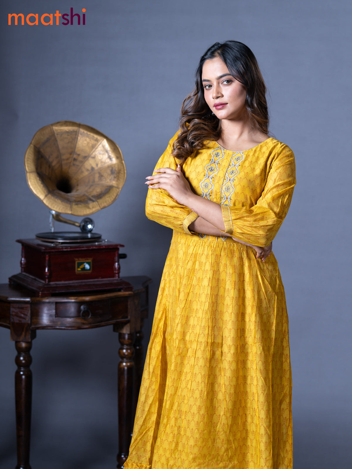 Raw silk readymade floor length kurti mustard yellow with allover prints & embroidery work neck pattern without pant