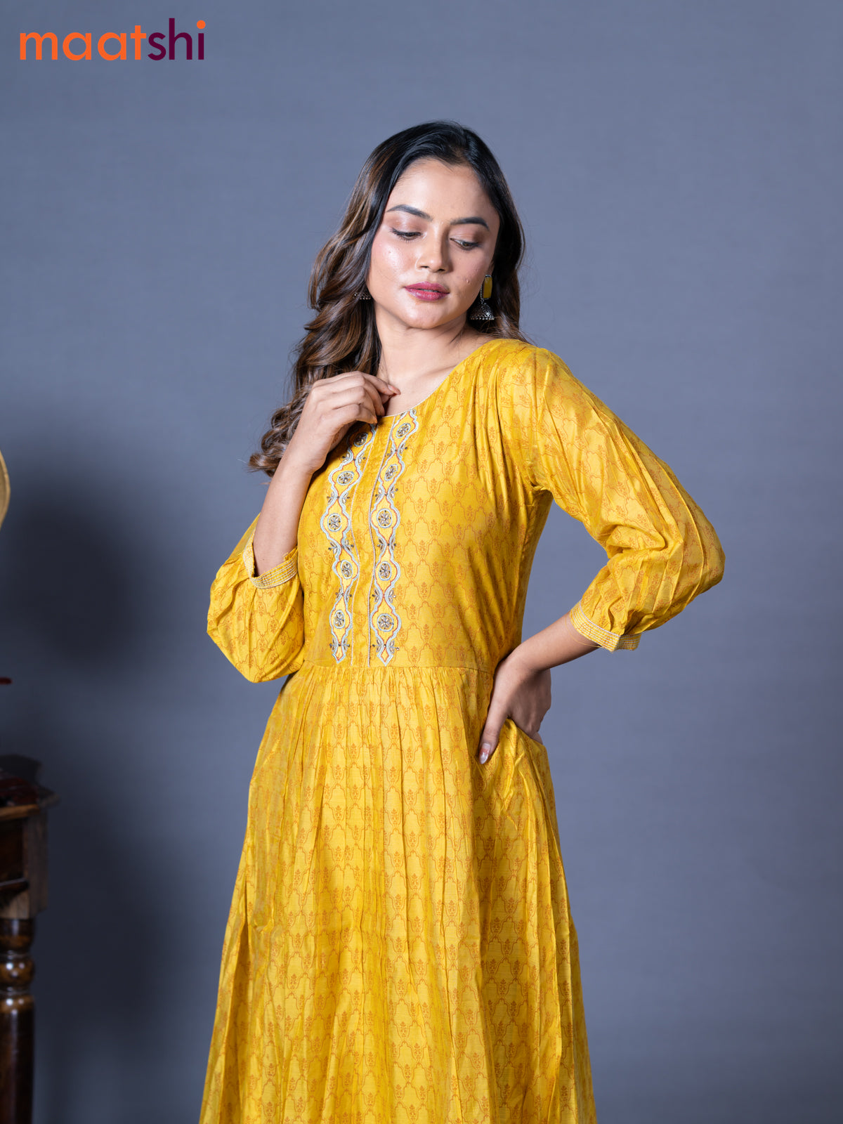 Raw silk readymade floor length kurti mustard yellow with allover prints & embroidery work neck pattern without pant