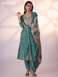 Muslin readymade salwar suit teal green with allover prints & embroidery sequin work neck pattern and straight cut pant & printed dupatta