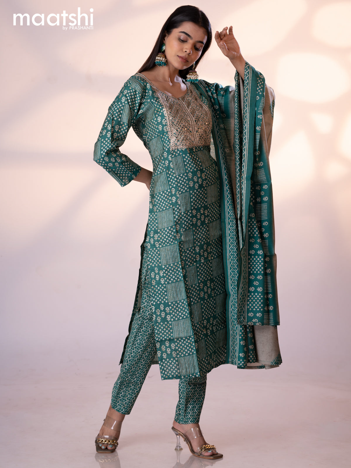 Muslin readymade salwar suit teal green with allover prints & embroidery sequin work neck pattern and straight cut pant & printed dupatta