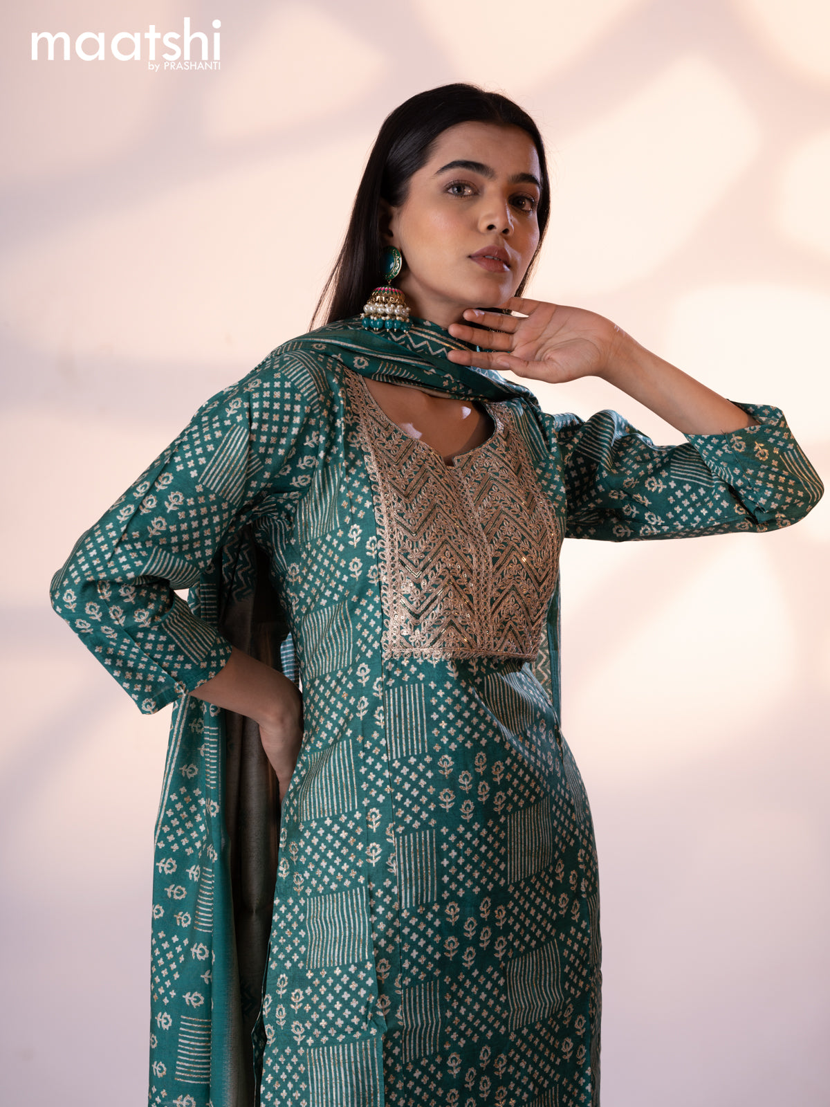 Muslin readymade salwar suit teal green with allover prints & embroidery sequin work neck pattern and straight cut pant & printed dupatta