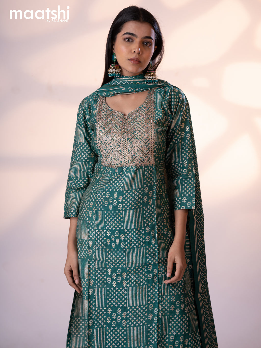 Muslin readymade salwar suit teal green with allover prints & embroidery sequin work neck pattern and straight cut pant & printed dupatta
