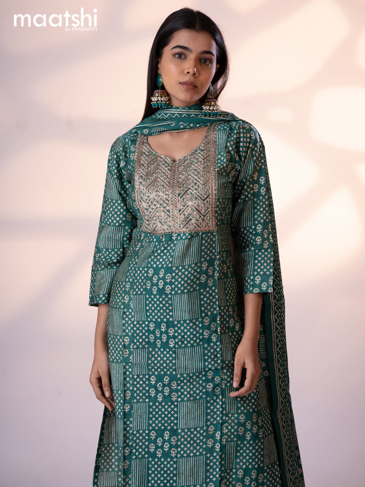 Muslin readymade salwar suit teal green with allover prints & embroidery sequin work neck pattern and straight cut pant & printed dupatta