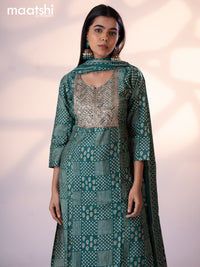 Muslin readymade salwar suit teal green with allover prints & embroidery sequin work neck pattern and straight cut pant & printed dupatta