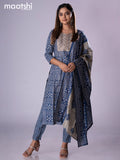 Muslin readymade salwar suit blue with allover prints & embroidery sequin work neck pattern and straight cut pant & printed dupatta