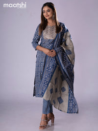 Muslin readymade salwar suit blue with allover prints & embroidery sequin work neck pattern and straight cut pant & printed dupatta