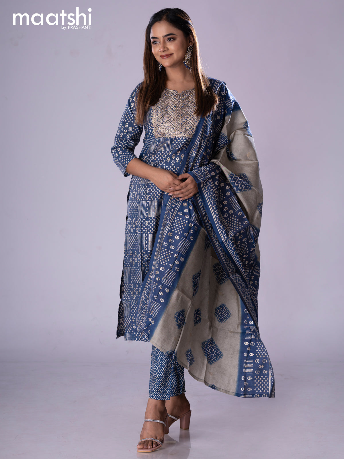 Muslin readymade salwar suit blue with allover prints & embroidery sequin work neck pattern and straight cut pant & printed dupatta