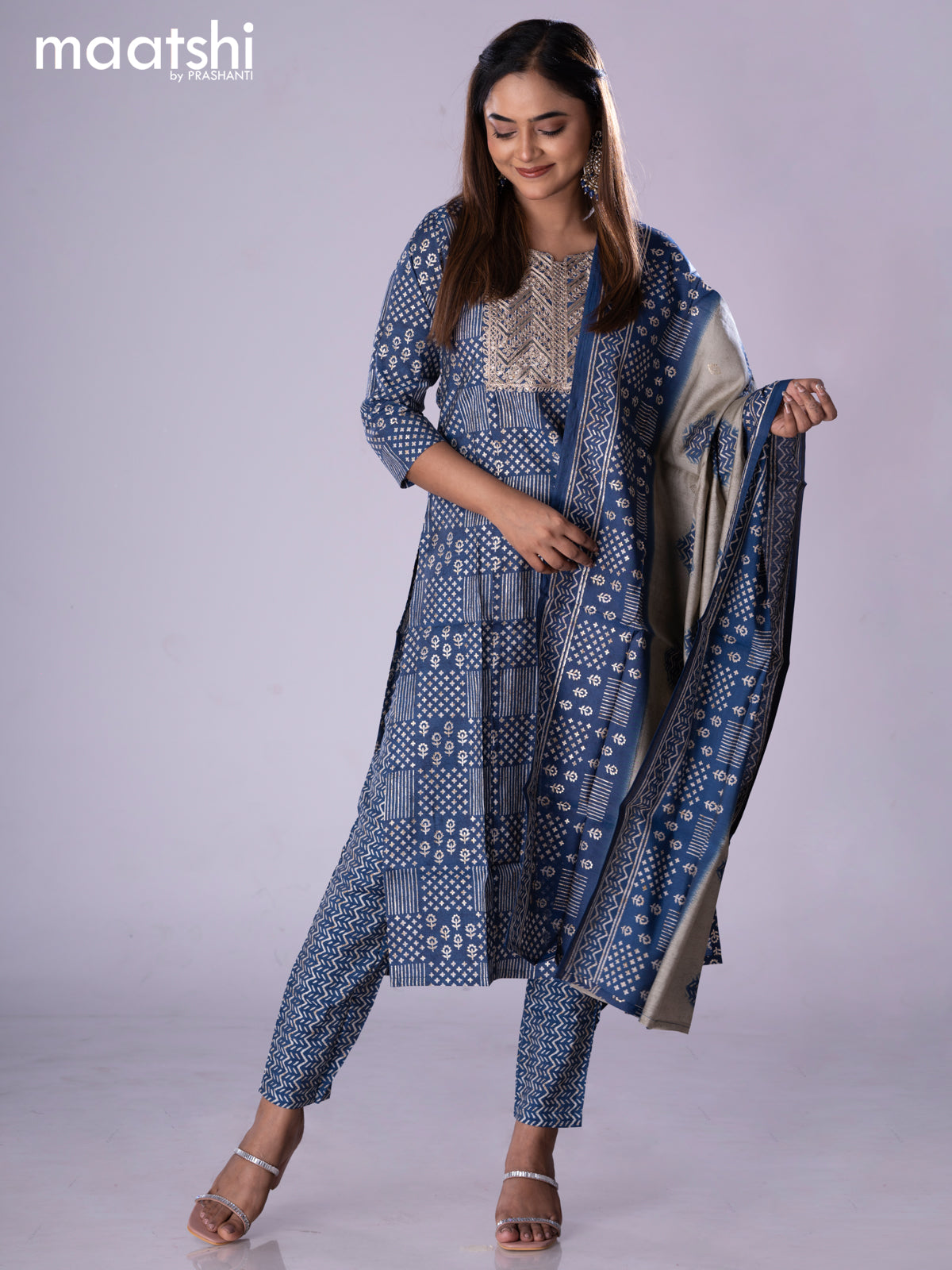 Muslin readymade salwar suit blue with allover prints & embroidery sequin work neck pattern and straight cut pant & printed dupatta