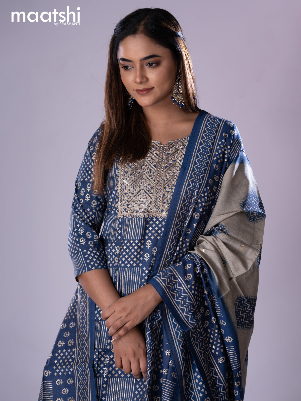 Muslin readymade salwar suit blue with allover prints & embroidery sequin work neck pattern and straight cut pant & printed dupatta