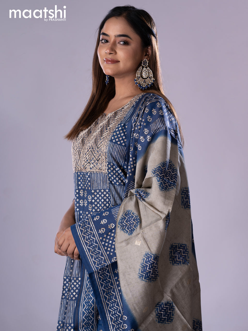 Muslin readymade salwar suit blue with allover prints & embroidery sequin work neck pattern and straight cut pant & printed dupatta