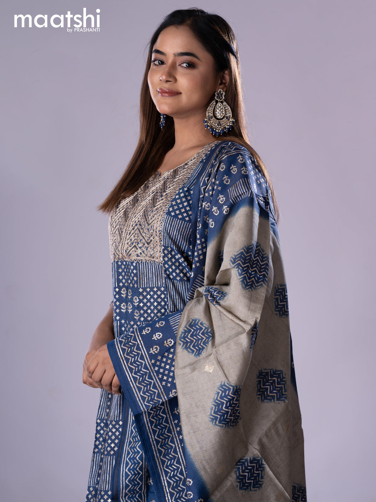 Muslin readymade salwar suit blue with allover prints & embroidery sequin work neck pattern and straight cut pant & printed dupatta