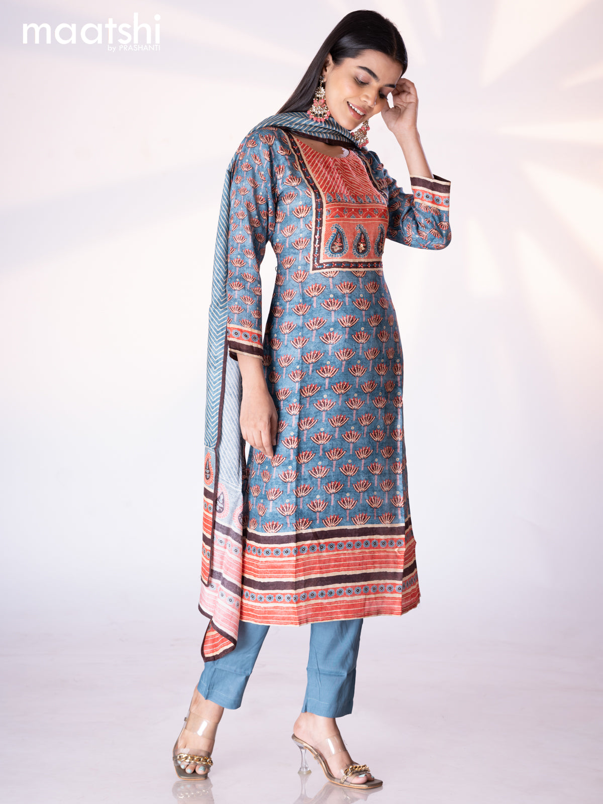 Muslin readymade salwar suit pastel blue and red shade with allover floral prints & stone chamki work neck pattern and straight cut pant & printed dupatta