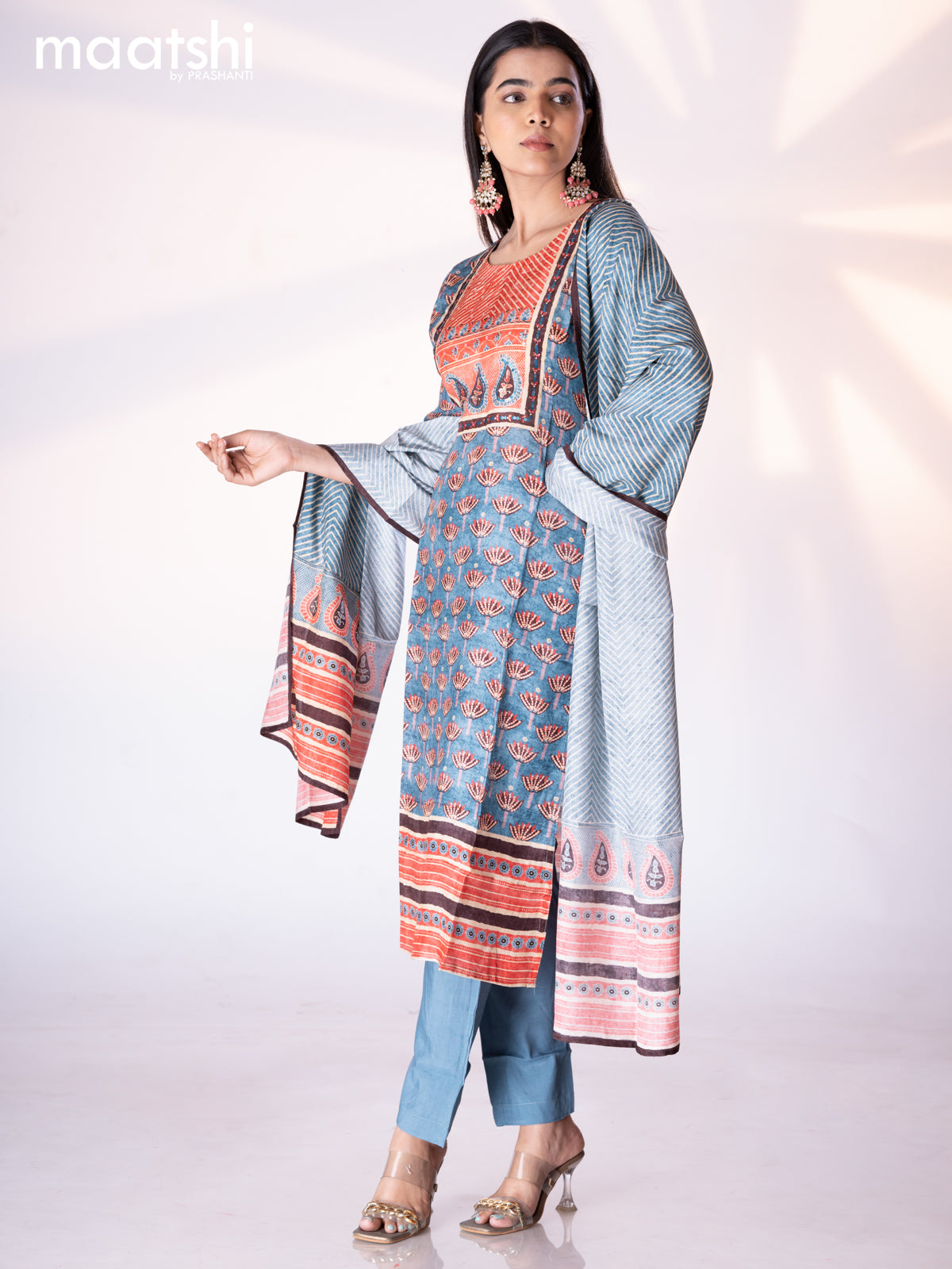 Muslin readymade salwar suit pastel blue and red shade with allover floral prints & stone chamki work neck pattern and straight cut pant & printed dupatta