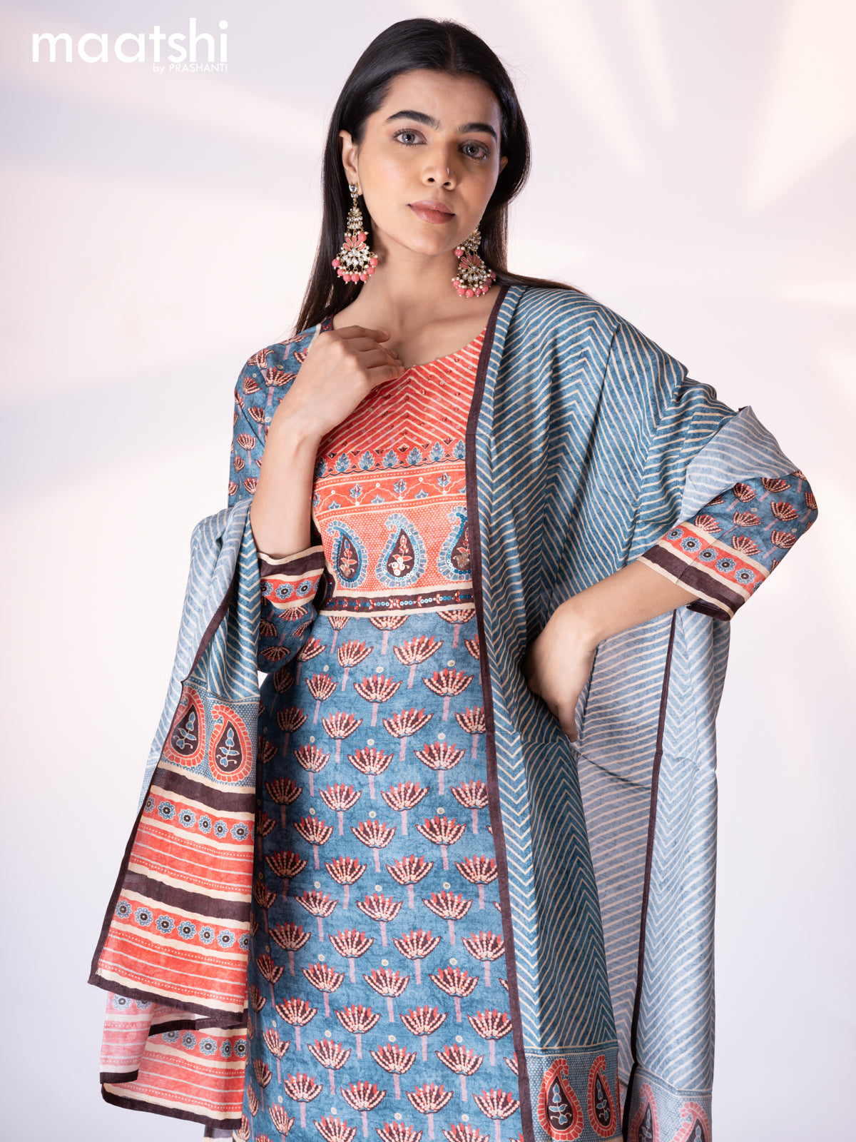 Muslin readymade salwar suit pastel blue and red shade with allover floral prints & stone chamki work neck pattern and straight cut pant & printed dupatta