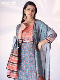 Muslin readymade salwar suit pastel blue and red shade with allover floral prints & stone chamki work neck pattern and straight cut pant & printed dupatta