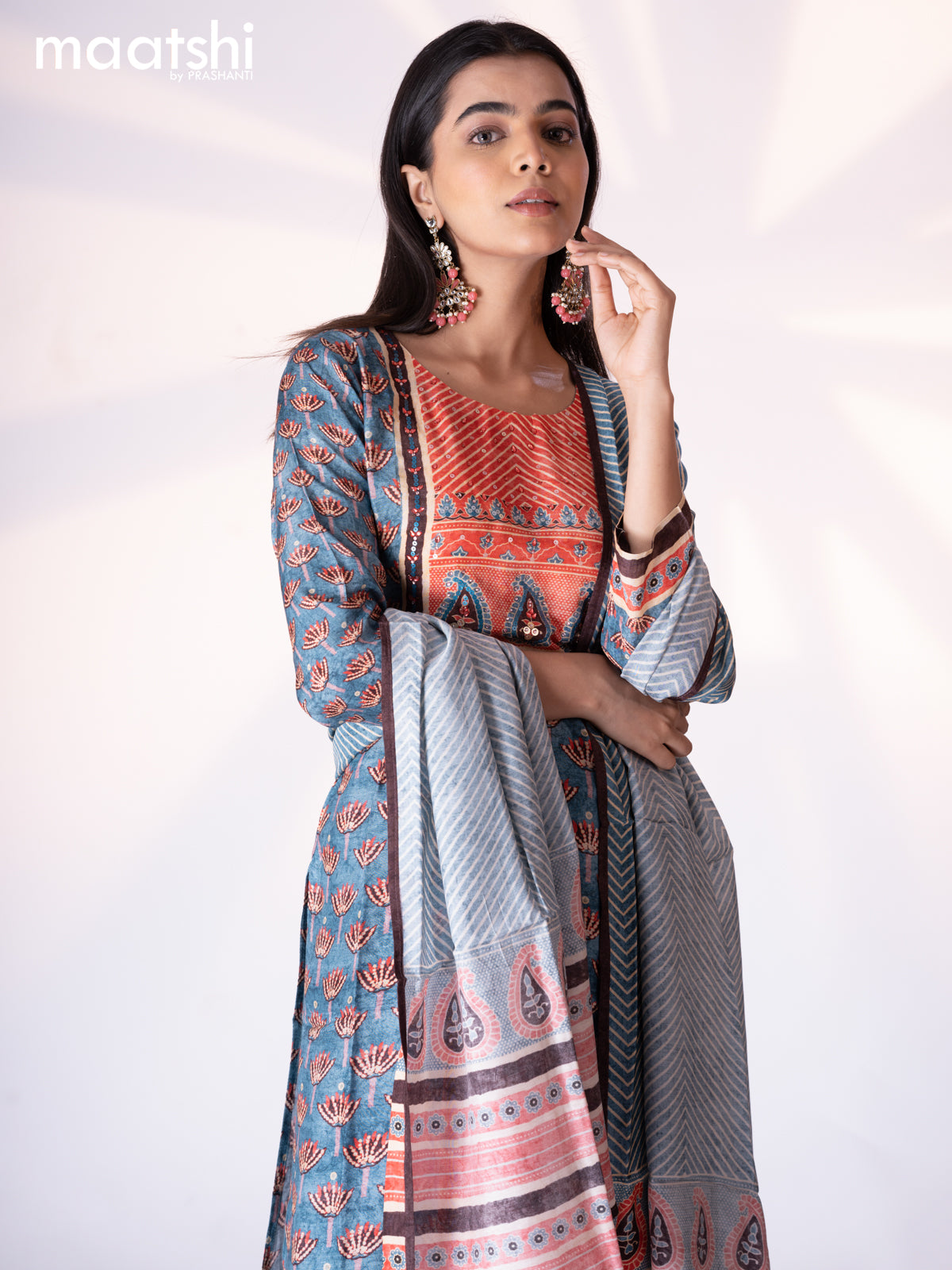 Muslin readymade salwar suit pastel blue and red shade with allover floral prints & stone chamki work neck pattern and straight cut pant & printed dupatta