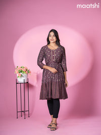 Muslin readymade short umbrella kurti jamun shade with allover patola & lace work neck pattern without pant
