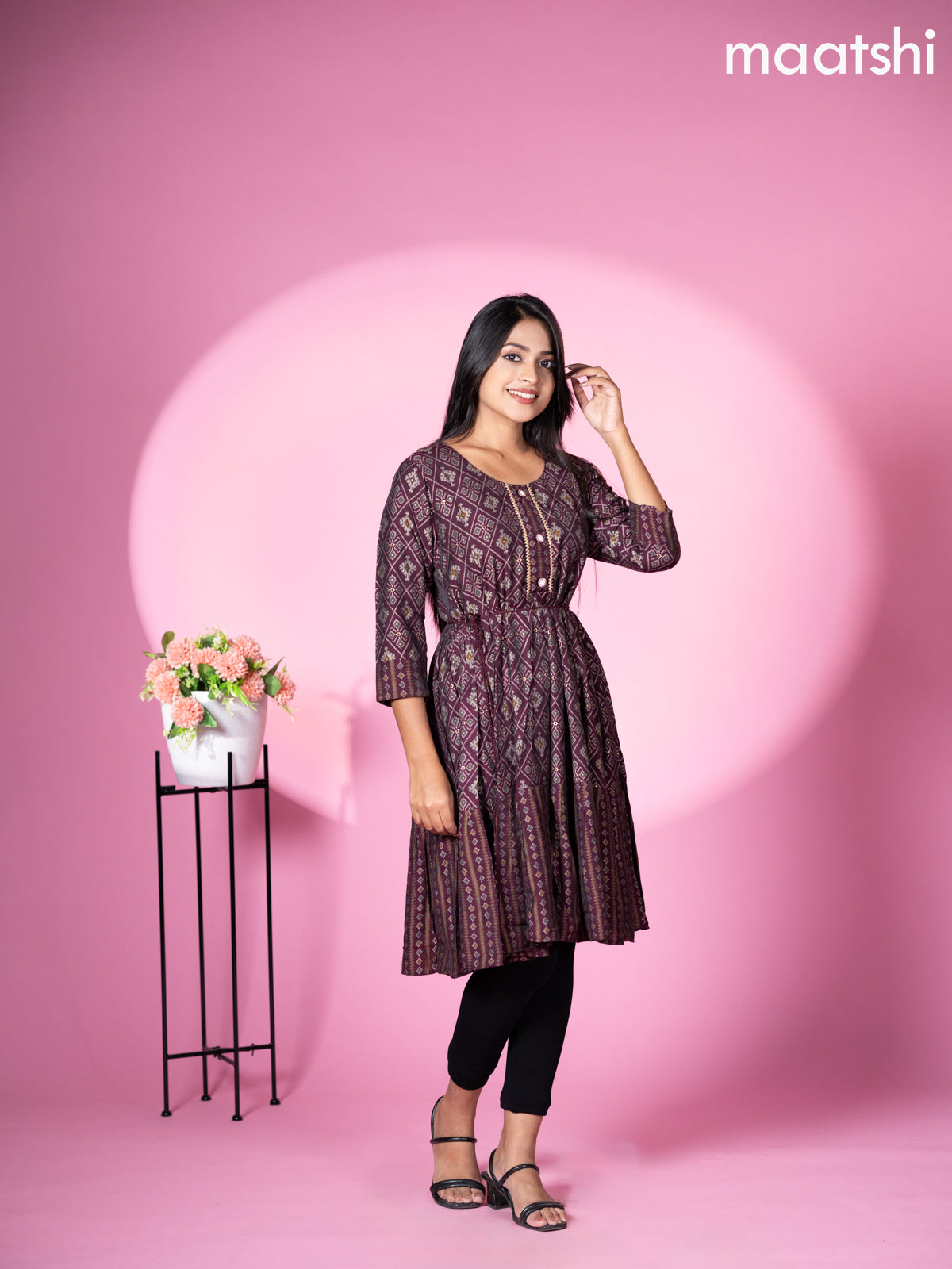 Muslin readymade short umbrella kurti jamun shade with allover patola & lace work neck pattern without pant