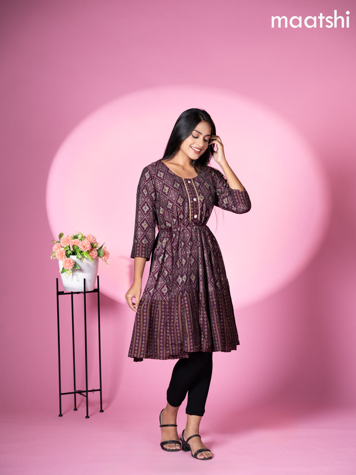 Muslin readymade short umbrella kurti jamun shade with allover patola & lace work neck pattern without pant