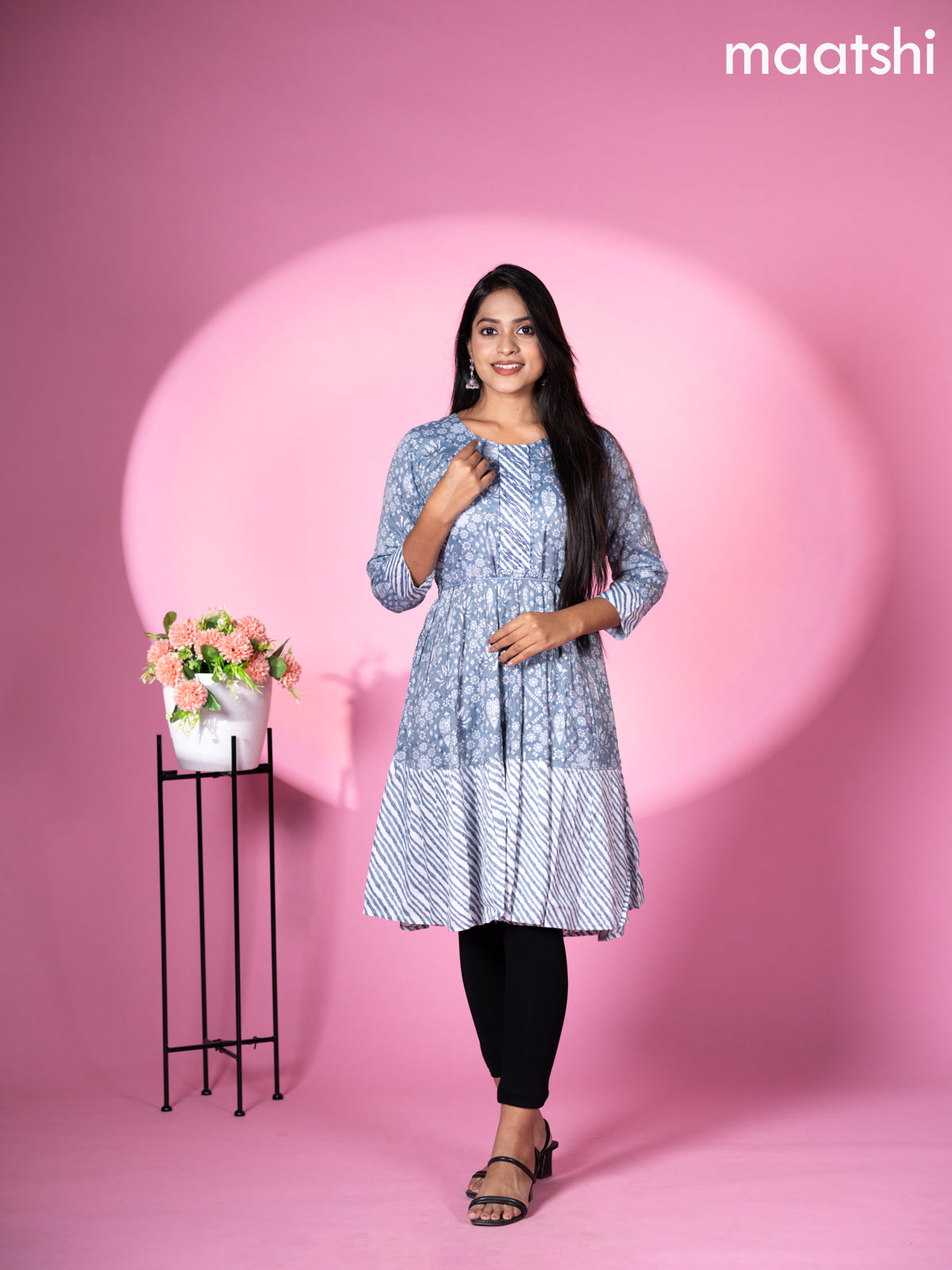 Cotton readymade short umbrella kurti grey with allover floral batik prints & embroidery work neck pattern without pant
