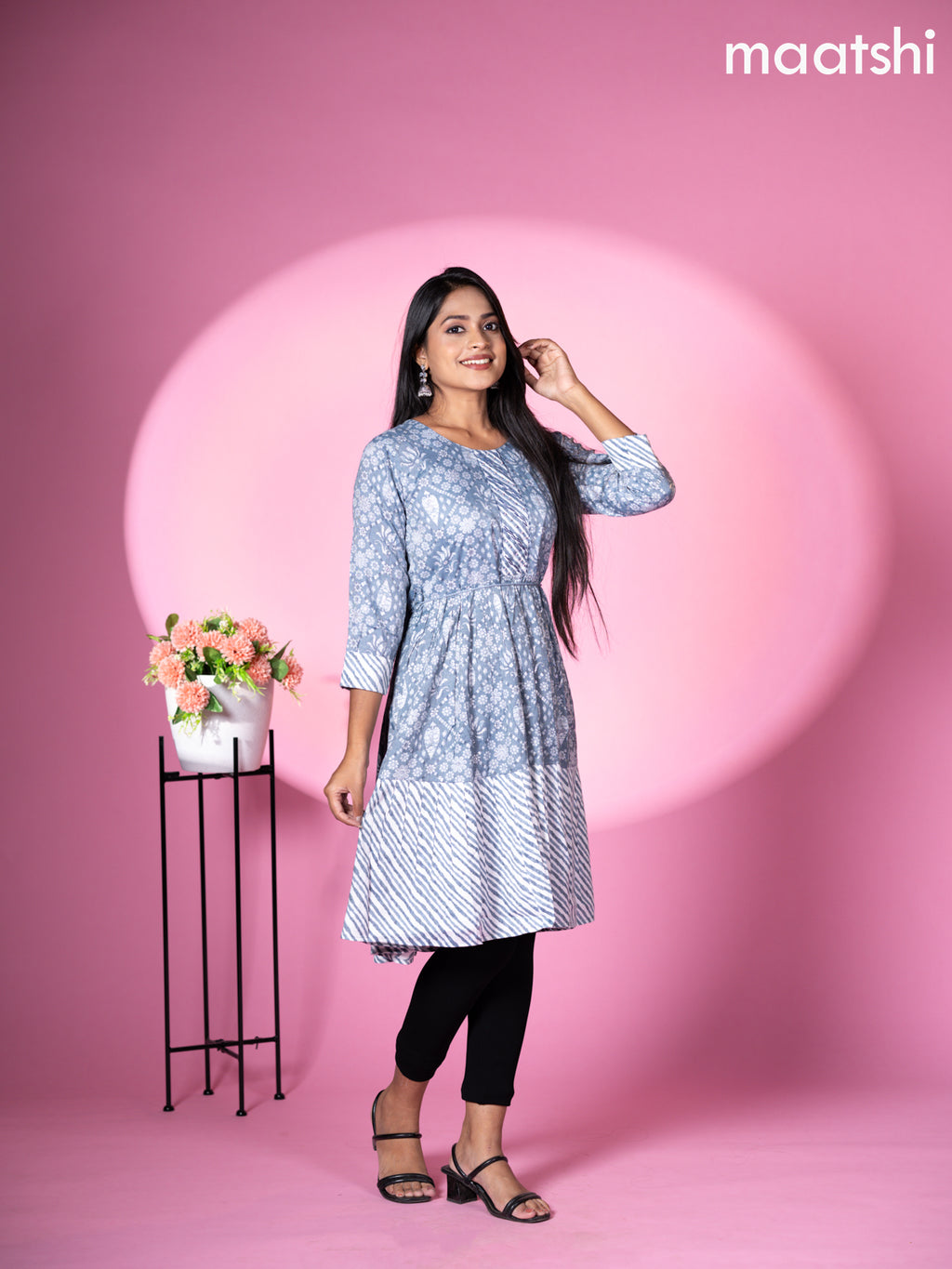 Cotton readymade short umbrella kurti grey with allover floral batik prints & embroidery work neck pattern without pant
