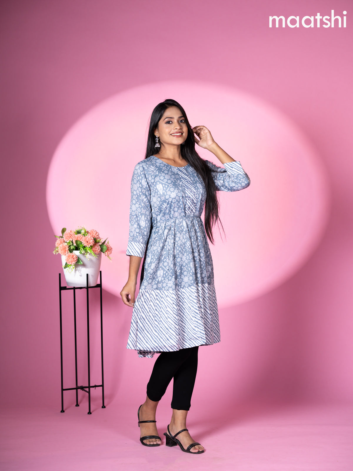 Cotton readymade short umbrella kurti grey with allover floral batik prints & embroidery work neck pattern without pant