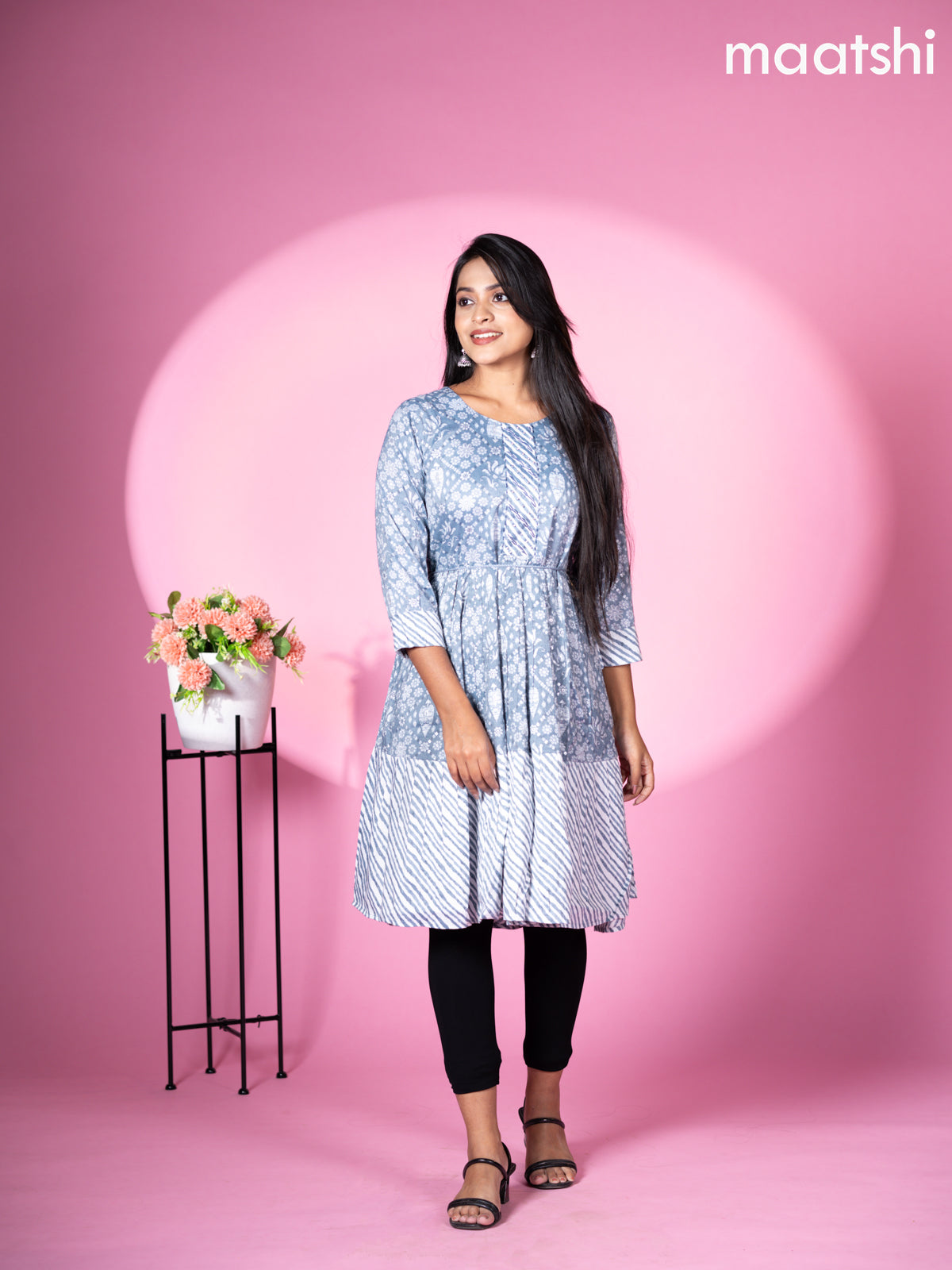 Cotton readymade short umbrella kurti grey with allover floral batik prints & embroidery work neck pattern without pant