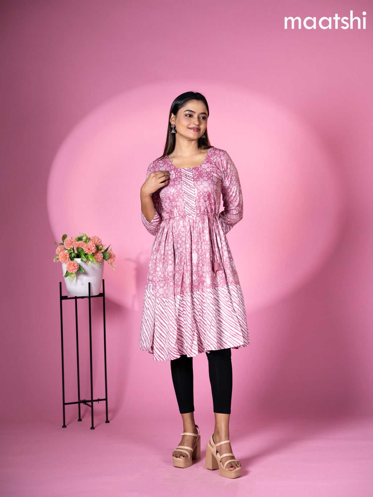 Cotton readymade short umbrella kurti mauve pink with allover floral batik prints & embroidery work neck pattern without pant