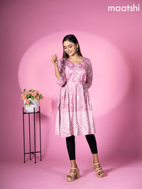Cotton readymade short umbrella kurti mauve pink with allover floral batik prints & embroidery work neck pattern without pant