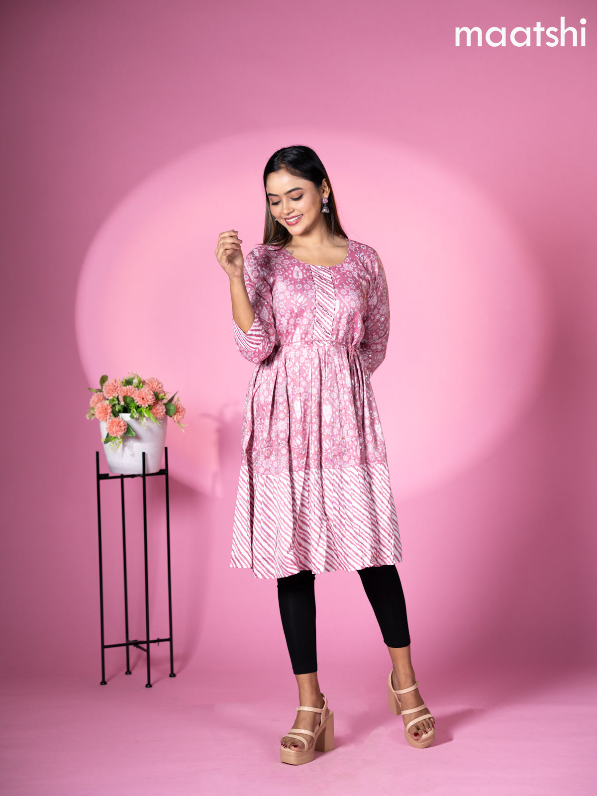 Cotton readymade short umbrella kurti mauve pink with allover floral batik prints & embroidery work neck pattern without pant