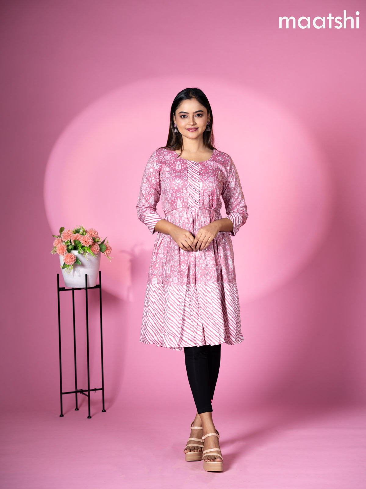 Cotton readymade short umbrella kurti mauve pink with allover floral batik prints & embroidery work neck pattern without pant