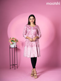 Cotton readymade short umbrella kurti mauve pink with allover floral batik prints & embroidery work neck pattern without pant