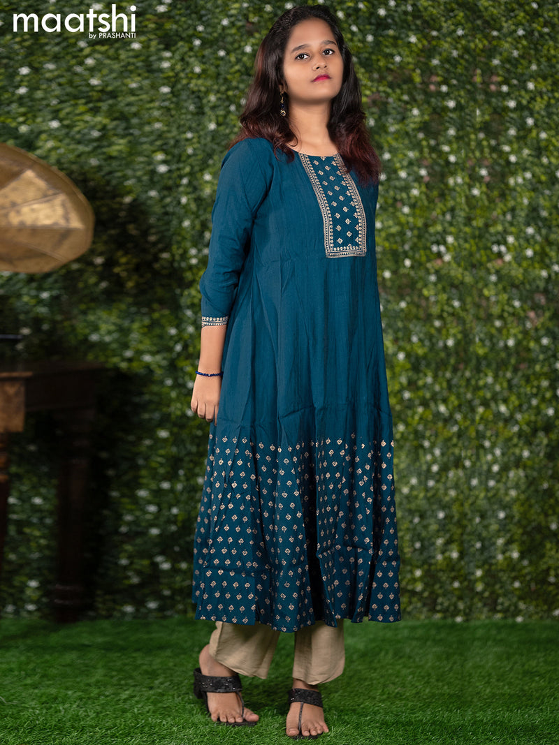 Rayon readymade anarkali kurti peacock blue with prints & simple neck pattern without pant