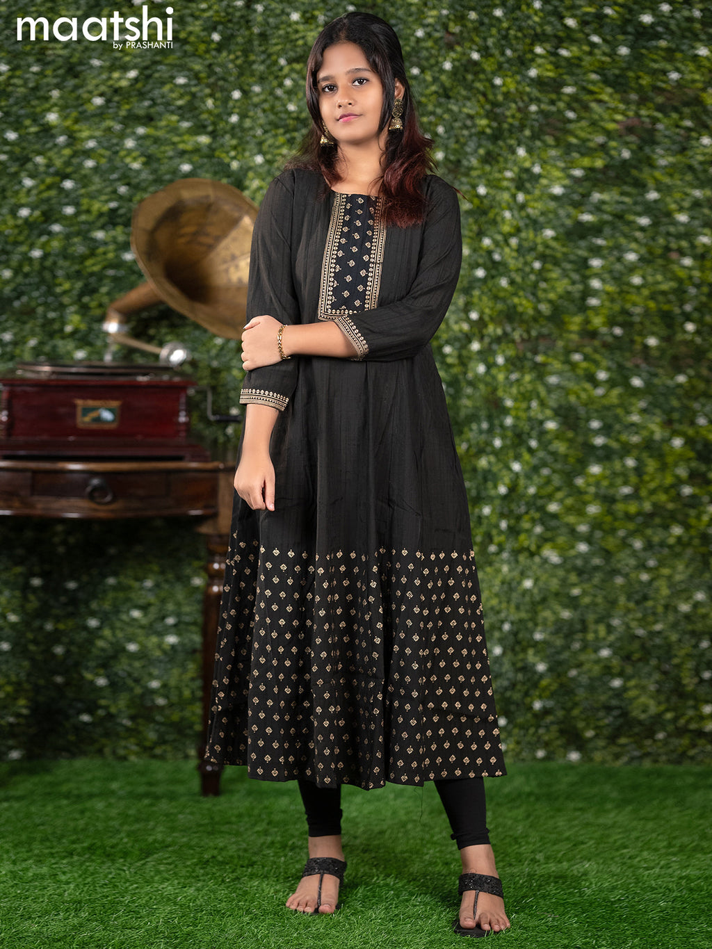 Rayon readymade anarkali kurti black with prints & simple neck pattern without pant