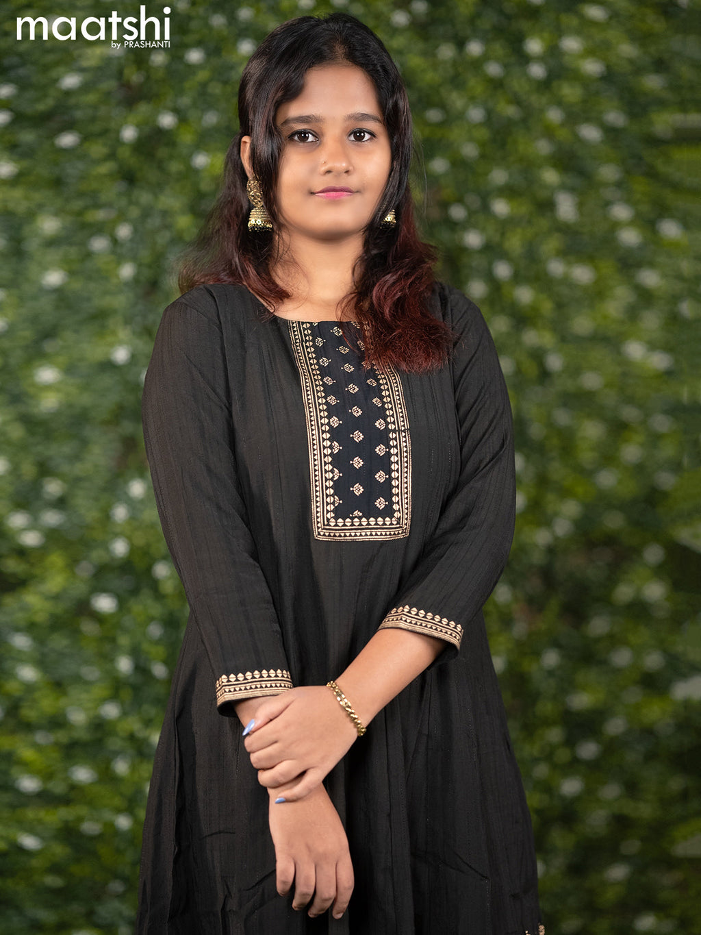 Rayon readymade anarkali kurti black with prints & simple neck pattern without pant