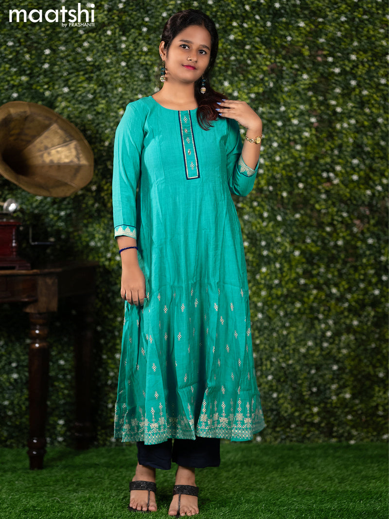 Rayon readymade anarkali kurti teal blue with butta prints & simple neck pattern without pant
