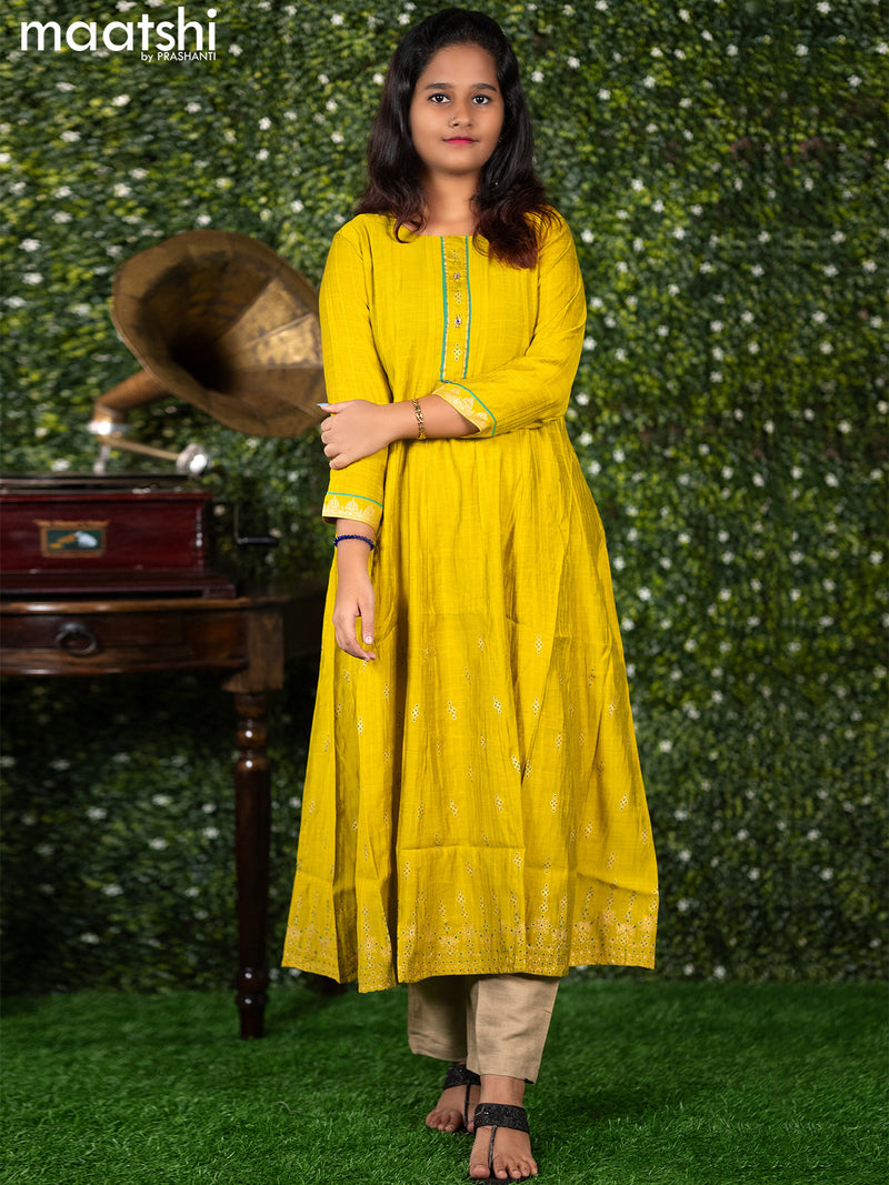 Rayon readymade anarkali kurti lime green with butta prints & simple neck pattern without pant